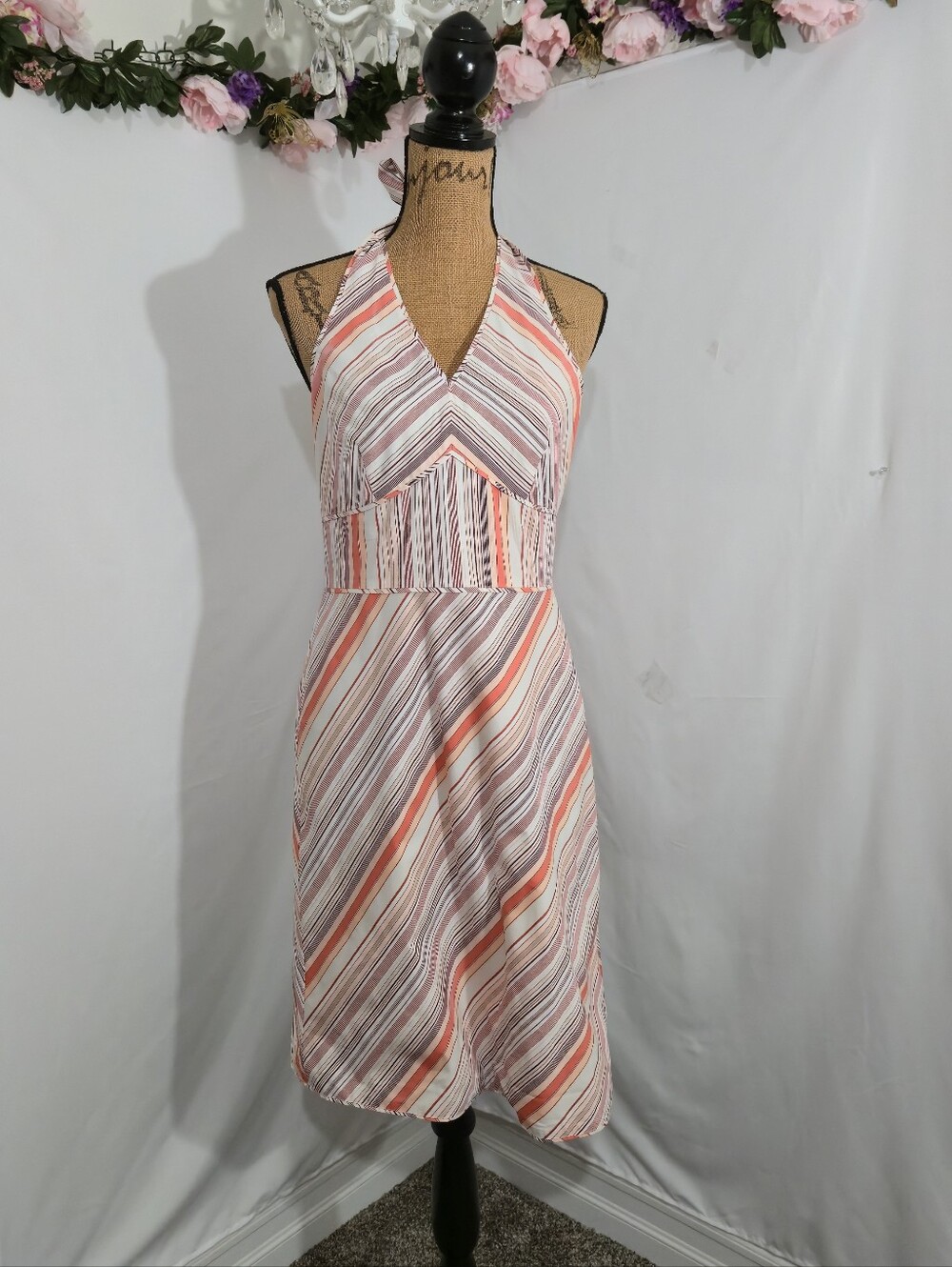 Ann Taylor One-Shoulder Striped Dress in Coral, Cream & Gray